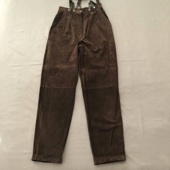 Dark Brown Two Toned Suede Buttoned Suspender Pants - Picture 2 of 12